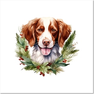 Christmas Brittany Dog Wreath Posters and Art